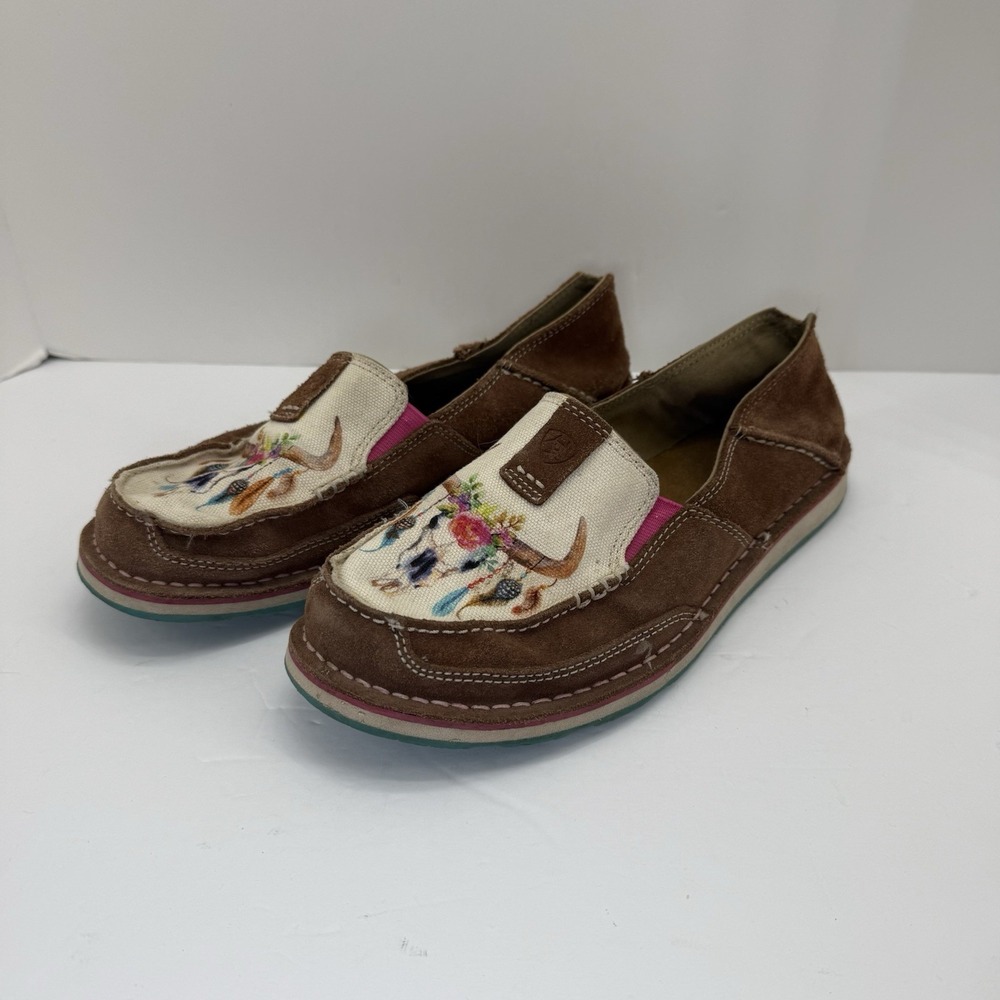 Ariat Cruisers Loafers Womens Size 9B Brown Floral Steer Design Suede Shoes - Picture 4 of 9
